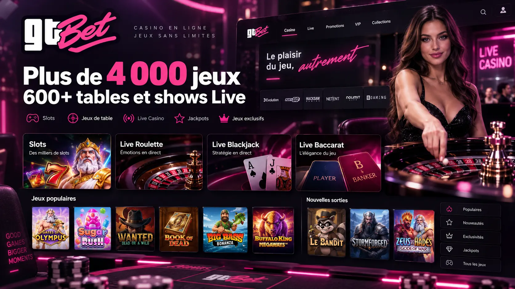 Machines à sous, roulette, blackjack et baccarat en direct sur GTBet