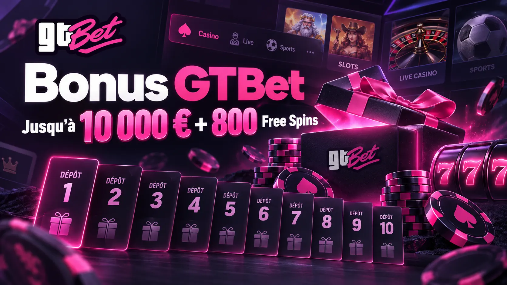 Bonus de bienvenue GTBet sur dix dépôts, jusqu’à 10 000 € et 800 Free Spins